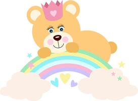 Princess teddy bear on rainbow with clouds and stars vector