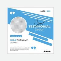 Client testimonial and work review template Customer work experience and feedback layout design with blue Customer feedback testimonial layout with photo placeholders design vector