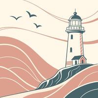 Painting of a lighthouse with birds flying around it birds flying around it The lighthouse vector