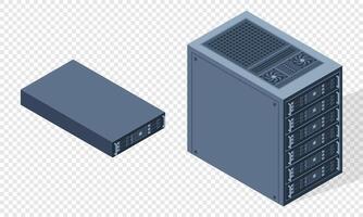 Isometric server. Server racks. Server boxes isolated. Network server room. Computer network technology. illustration vector