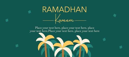 Happy Eid Mubarak and Ramadan Kareem greeting template with creative palm tree illustration on green background for card, poster and banner vector