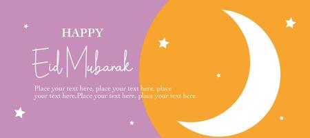 Happy Eid Mubarak and Ramadan Kareem greeting with crescent illustration on pink and orange background for card, poster and banner vector