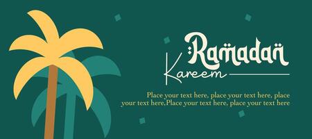 Happy Eid Mubarak and Ramadan Kareem greeting with palm tree, typography illustration on green background for card, poster and banner vector