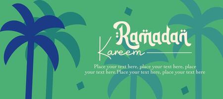 Happy Eid Mubarak and Ramadan Kareem greeting template with palm tree illustration on green background for card, poster and banner vector