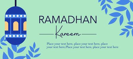 Creative Happy Eid Mubarak and Ramadan Kareem greeting with lanterns, leaves illustration on green background for card, poster and banner vector