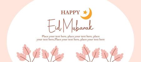 Happy Eid Mubarak and Ramadan Kareem minimal greeting with leaves illustration on white background for card, poster and banner vector