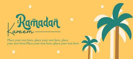 Happy Eid Mubarak and Ramadan Kareem greeting template with palm tree illustration on yellow background for card, poster and banner vector
