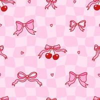 Groovy distorted chessboard background with coquette bow knots, cherry berry, heart. Trippy grid background with charming pink bows. Vintage illustration vector