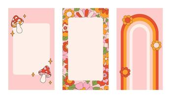 Trendy stories templates for social media. Set of vertical frames with groovy retro 70s style design. Backgrounds with white flower, wavy striped, checkered. Flat calm green wallpaper vector