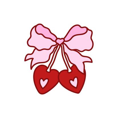 Coquette pink bow with cherry berry heart shaped. Elegant gift bow. Beautiful holiday decorative element, festive present decor. Vintage hand drawn clipart
