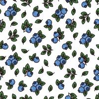 Seamless pattern with woodland berries on white background. Summer floral print of hand drawn wild forest blueberry. Natural design with sweet berries, green leaves vector