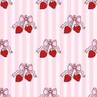 Seamless pattern of elegant bow knots and strawberry on striped pink background. Backdrop with coquette pretty charming bow. Vintage hand drawn illustration vector