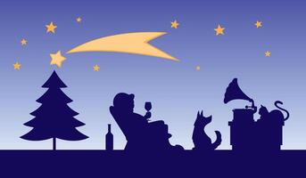 christmas cartoon illustration - man with a glass of wine in a chair listens to music from a phonograph, near a cat and dog, tree, stars in background vector