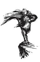 fantasy knight with sword and fluttering cloak in the wind standing on the rock, black illustration on white background vector