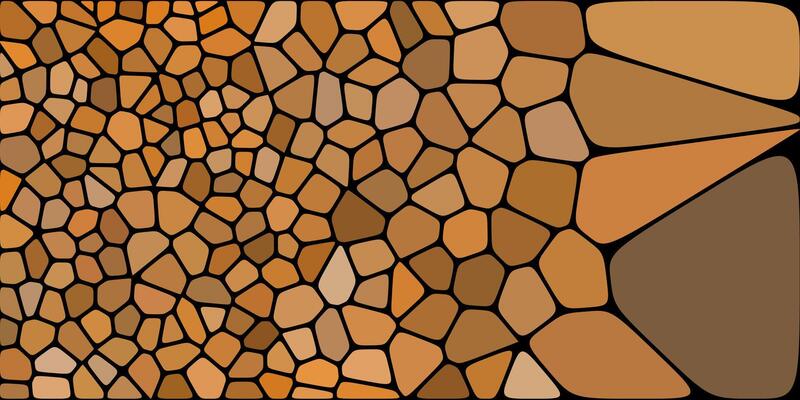 A vibrant multicolored mosaic pattern dominated by shades of brown, with irregular shapes outlined in black, creating a lively and artistic abstract composition.
