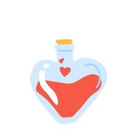 Heart-shaped bottle with red liquid and heart motifs on a white background vector