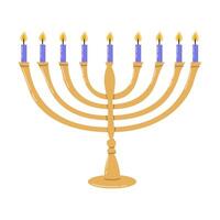 Elegant menorah with lit candles for hanukkah celebration on white background vector