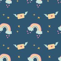 Whimsical pattern with winged envelopes, rainbows, and stars on dark background vector