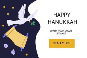 Happy hanukkah celebration with dove, scroll, and dreidels on festive background vector