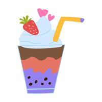 Colorful bubble tea with whipped cream, strawberry topping, and decorative straw vector