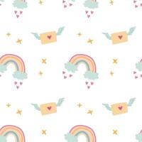 Whimsical pastel pattern with envelopes, rainbows, and stars vector