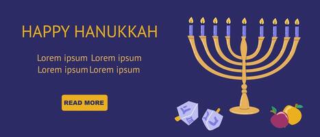 Bright hanukkah celebration with menorah, dreidels, and fruits vector