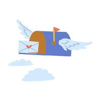 Flying mailbox with wings delivering love letter in the sky vector