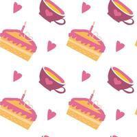 Seamless pattern of cake slices with candles, heart cups, and hearts vector