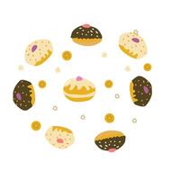 Colorful hand-drawn donuts and star patterns on white background vector