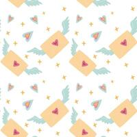 Whimsical pattern with winged envelopes and hearts on white background vector
