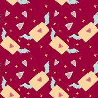 Whimsical winged envelopes and hearts pattern on deep red background vector