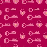 Seamless pattern of pink heart locks and love keys on red background vector