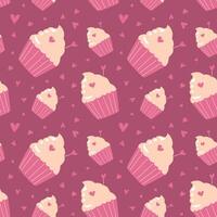 Seamless cupcake pattern with hearts on pink background for valentine's day design vector
