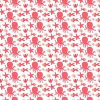 Seamless pattern of red octopuses and fish on white background vector