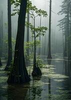 A swamp with trees and water in the fog photo