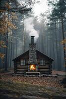 A log cabin in the woods with a fire photo