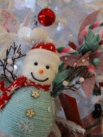 A snowman ornament on a christmas tree photo