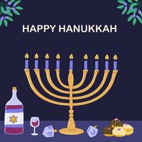 Happy hanukkah celebration with menorah, dreidels, doughnuts, and wine vector