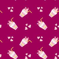 Seamless pattern of milkshakes with hearts on a berry background vector