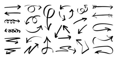 Set of black outline thick arrows, freehand pointers, decorative graphic stickers. design element set, handmade. vector