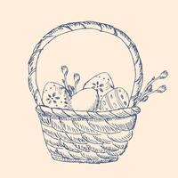 Happy easter graphic ink basket. Hand drawn outline sketch of eggs, branch vector