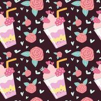 Charming strawberry milkshake and floral pattern on dark background vector