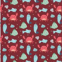 Colorful marine life pattern with crabs, fish, and shells on maroon background vector