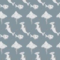 Cute sea creatures pattern with rays and sharks on blue background vector