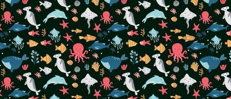 Colorful marine pattern with whales, dolphins, sharks, and octopuses vector