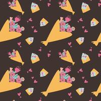 Seamless floral envelope pattern with hearts on dark background vector
