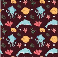 Colorful marine pattern with dolphins, squid, and coral on dark background vector