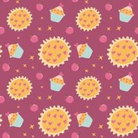 Seamless pattern of heart pies and cupcakes on purple background vector