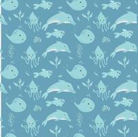 Cute ocean animals pattern with whales, octopuses, and dolphins on blue background vector