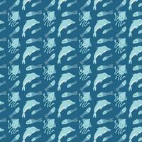 Seamless ocean animal pattern with octopus, whale, and squid on blue background vector